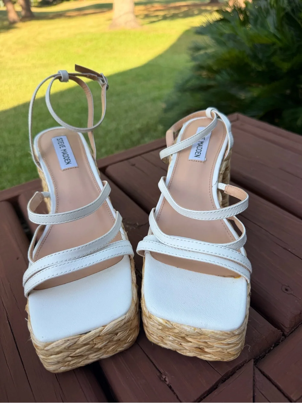 Steve Madden Belise White Leather Raffia Platform Heels 8 $130 Retail